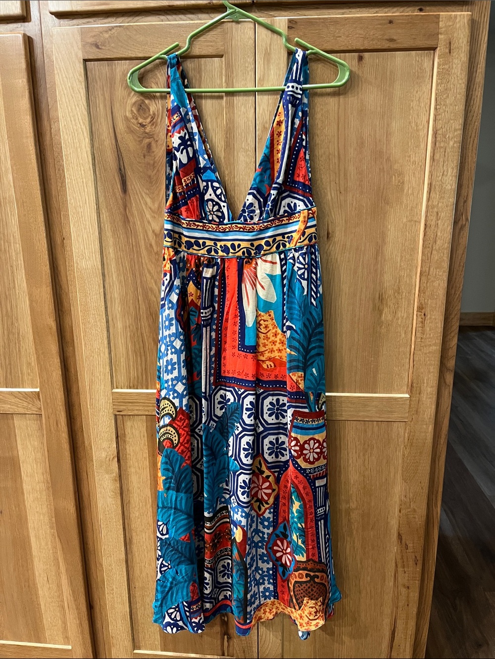 FARM Rio Turquoise Blue & Orange Patchwork Maxi Dress